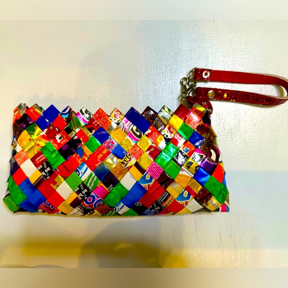 Vintage Nahui Ollin candy wrapper clutch, handmade-no two are alike, Collectible